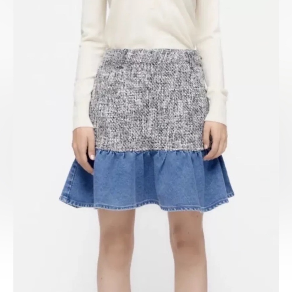 Zara Mixed Media Skirt Tweed Denim Ruffle Mini Large Girly Preppy Academia L